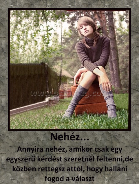 Nehéz...
 
Annyira nehéz, amikor csak egy egyszerű kérdést szeretnél feltenni,de közben rettegsz attól, hogy hallani fogod a választ