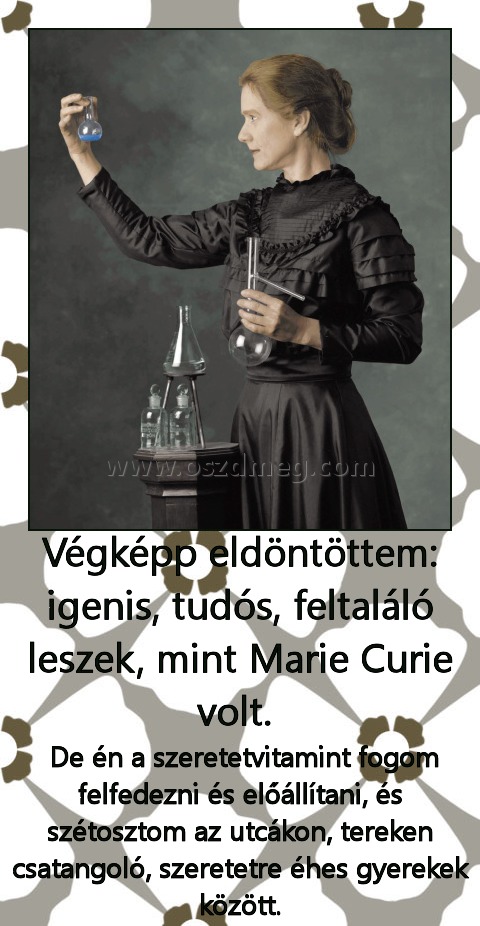 Végképp eldöntöttem: igenis, tudós, feltaláló leszek, mint Marie Curie volt. Végképp eldöntöttem: igenis, tudós, feltaláló leszek, mint Marie Curie volt.
De én a szeretetvitamint fogom felfedezni és előállítani, és szétosztom az utcákon, tereken csatangoló, szeretetre éhes gyerekek között.