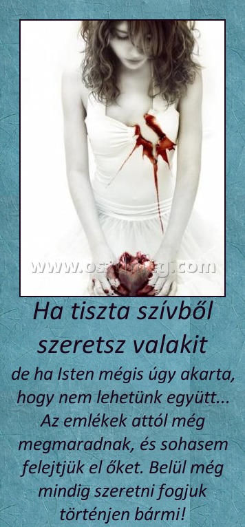 Ha tiszta szívből szeretsz valakit Ha tiszta szívből szeretsz valakit
de ha Isten mégis úgy akarta, hogy nem lehetünk együtt... Az emlékek attól még megmaradnak, és sohasem felejtjük el őket. Belül még mindig szeretni fogjuk történjen bármi!