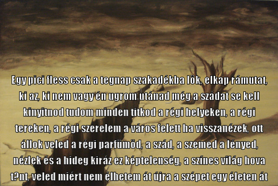 Egy pici fless csak
 
Egy pici fless csak a tegnap szakadékba lök, elkap rámutat, ki az, ki nem vagy én ugrom utánad még a szádat se kell kinyitnod tudom minden titkod a régi helyeken, a régi tereken, a régi szerelem a város felett ha visszanézek, ott állok veled a régi parfümöd, a szád, a szemed a lényed, nézlek és a hideg kiráz ez képtelenség, a színes világ hova tűnt, veled miért nem élhetem át újra a szépet egy életen át
