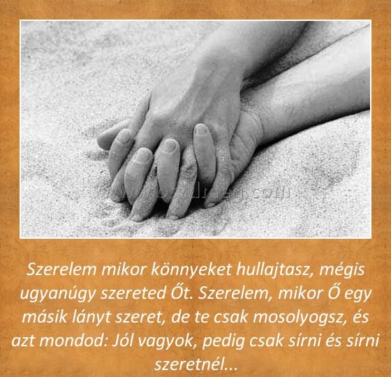 Szerelem Szerelem
Szerelem mikor könnyeket hullajtasz, mégis ugyanúgy szereted Őt. Szerelem, mikor Ő egy másik lányt szeret, de te csak mosolyogsz, és azt mondod: Jól vagyok, pedig csak sírni és sírni szeretnél...