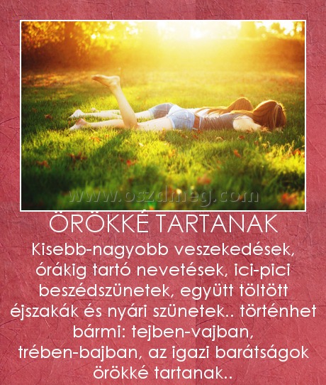 ÖRÖKKÉ TARTANAK ÖRÖKKÉ TARTANAK
Kisebb-nagyobb veszekedések, órákig tartó nevetések, ici-pici beszédszünetek, együtt töltött éjszakák és nyári szünetek.. történhet bármi: tejben-vajban, trében-bajban, az igazi barátságok örökké tartanak..