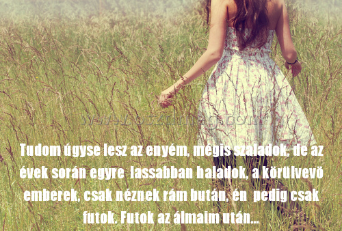 Tudom úgyse lesz az enyém Tudom úgyse lesz az enyém
Tudom úgyse lesz az enyém, mégis szaladok, de az évek során egyre lassabban haladok, a körülvevö emberek, csak néznek rám bután, én pedig csak futok. Futok az álmaim után...