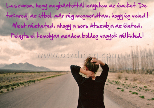Leszarom Leszarom
Leszarom, hogy megbántottál lenyelem az éveket. De takarodj az útból, már rég megmondtam, hogy ég veled.! Most nézheted, ahogy a sors átszabja az életed, Felejts el komolyan mondom boldog vagyok nélküled.!
