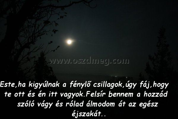 Este
 
Est
004c9a
e,ha kigyúlnak a fénylő csillagok,úgy fáj,hogy te ott és én itt vagyok.Felsír bennem a hozzád szóló vágy és rólad álmodom át az egész éjszakát..