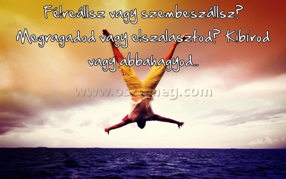 Félreállsz vagy szembeszállsz? Megragadod
 
Félreállsz vagy szembeszállsz? Megragadod vagy elszalasztod? Kibírod vagy abbahagyod..