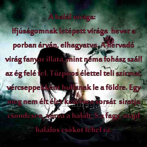 A halál virága
 
                            A halál virága:                               Ifjúságomnak letépett virága  hever a porban árván, elhagyatva. A hervadó virág fanyar illata, mint néma fohász száll az ég felé fel. Tűzpiros élettel teli szirmai, vércseppekként hullanak le a földre. Egy meg nem élt élet keserves sorsát  siratja csöndesen, várva a halált, S a fagy, majd halálos csókot lehel rá.