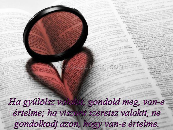 Ha gyűlölsz valakit Ha gyűlölsz valakit
Ha gyűlölsz valakit, gondold meg, van-e értelme; ha viszont szeretsz valakit, ne gondolkodj azon, hogy van-e értelme.