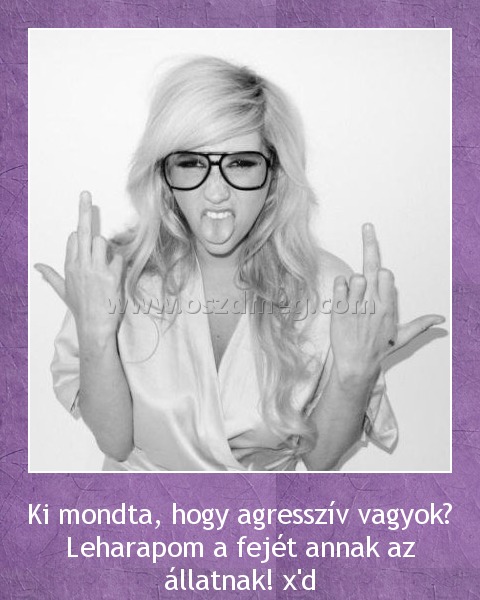 Ki mondta, hogy Ki mondta, hogy
Ki mondta, hogy agresszív vagyok? Leharapom a fejét annak az állatnak! x'd