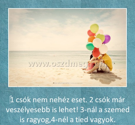 egy csók egy csók
1 csók nem nehéz eset. 2 csók már veszélyesebb is lehet! 3-nál a szemed is ragyog,4-nél a tied vagyok.
