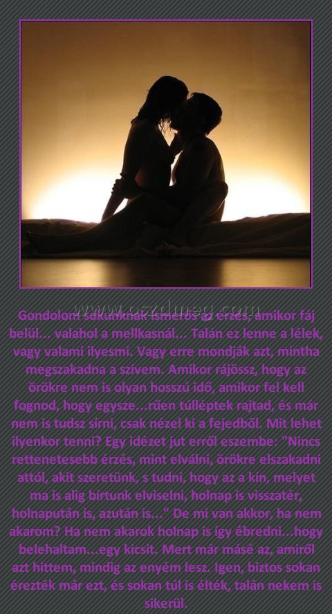 Gondolom sokunknak ismerős az érzés Gondolom sokunknak ismerős az érzés
Gondolom sokunknak ismerős az érzés, amikor fáj belül... valahol a mellkasnál... Talán ez lenne a lélek, vagy valami ilyesmi. Vagy erre mondják azt, mintha megszakadna a szívem. Amikor rájössz, hogy az örökre nem is olyan hosszú idő, amikor fel kell fognod, hogy egysze...rűen túlléptek rajtad, és már nem is tudsz sírni, csak nézel ki a fejedből. Mit lehet ilyenkor tenni? Egy idézet jut erről eszembe: