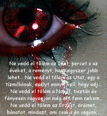 Ne vedd el tőlem az Időt Ne vedd el tőlem az Időt
Ne vedd el tőlem az Időt, percet s az éveket, a reményt, hogy egyszer jobb lehet... Ne vedd el tőlem az Utat, egy a tízmilliónak, esélyt ennyit kell, hogy adj... Ne vedd el tőlem a Napot, tisztán és fényesen ragyogjon még ott fenn nekem... Ne vedd el tőlem az Érzést, örömet, bánatot, mindazt, ami csakis én vagyok...