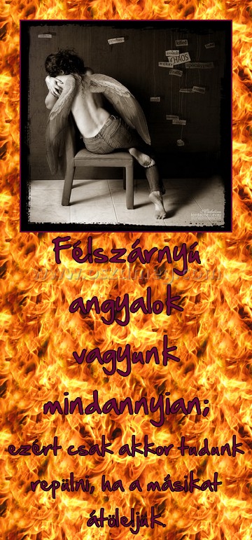Félszárnyú angyalok vagyunk mindannyian; Félszárnyú angyalok vagyunk mindannyian;
ezért csak akkor tudunk repülni, ha a másikat átöleljük.