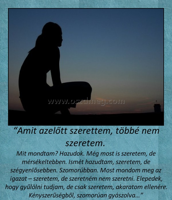 “Amit azelőtt szerettem, többé nem szeretem. “Amit azelőtt szerettem, többé nem szeretem.
Mit mondtam? Hazudok. Még most is szeretem, de mérsékeltebben. Ismét hazudtam, szeretem, de szégyenlősebben. Szomorúbban. Most mondom meg az igazat – szeretem, de szeretném nem szeretni. Elepedek, hogy gyűlölni tudjam, de csak szeretem, akaratom ellenére. Kényszerűségből, szomorúan gyászolva…”