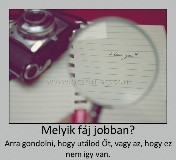 Melyik fáj jobban?
 
Arra gondolni, hogy utálod Őt, vagy az, hogy ez nem így van.