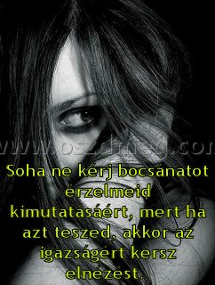 Soha ne kérj bocsánatot
 
Soha ne kérj bocsánatot érzelmeid kimutatásáért, mert ha azt teszed, akkor az igazságért kérsz elnézést. 