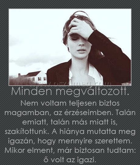 Minden megváltozott. Minden megváltozott.
Nem voltam teljesen biztos magamban, az érzéseimben. Talán emiatt, talán más miatt is, szakítottunk. A hiánya mutatta meg igazán, hogy mennyire szerettem. Mikor elment, már biztosan tudtam: ő volt az igazi.