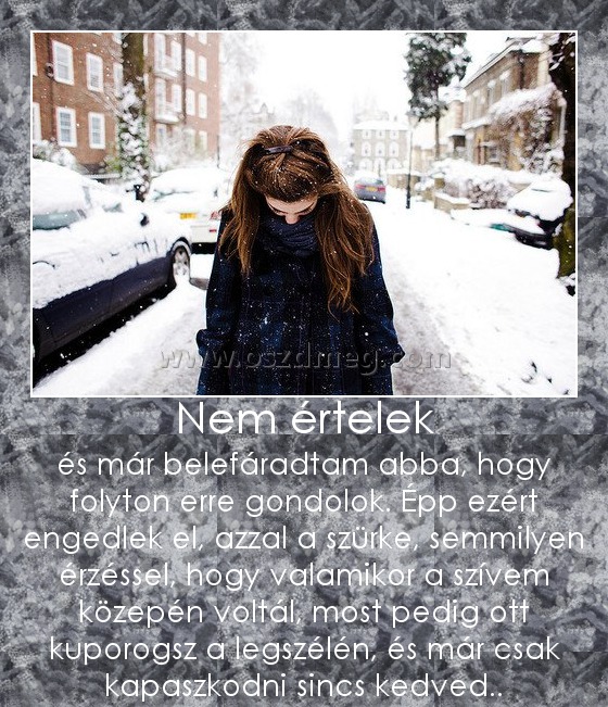 Nem értelek
 
és már belefáradtam abba, hogy folyton erre gondolok. Épp ezért engedlek el, azzal a szürke, semmilyen érzéssel, hogy valamikor a szívem közepén voltál, most pedig ott kuporogsz a legszélén, és már csak kapaszkodni sincs kedved..