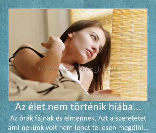Az élet nem történik hiába... Az élet nem történik hiába...
Az órák fájnak és elmennek. Azt a szeretetet ami nekünk volt nem lehet teljesen megölni...