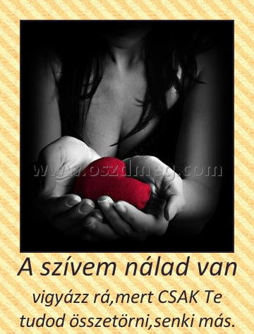 A szívem nálad van A szívem nálad van
vigyázz rá,mert CSAK Te tudod összetörni,senki más.