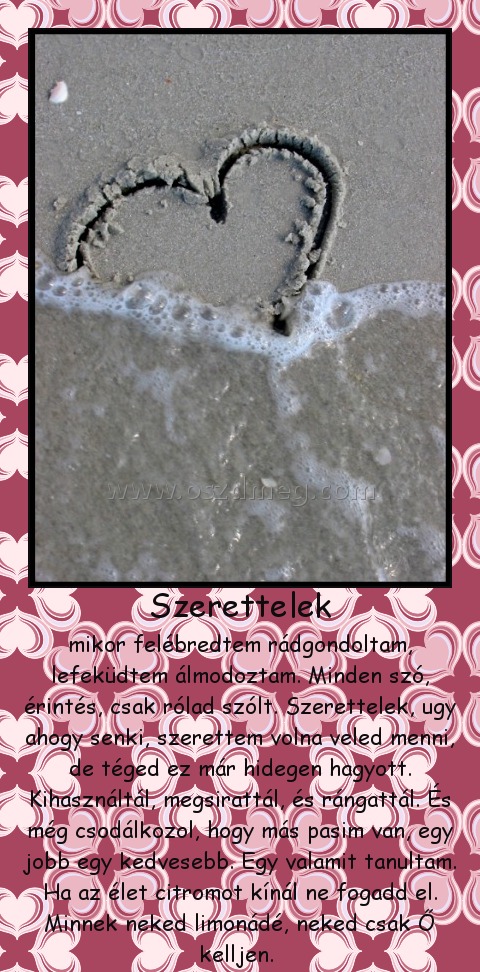 Szerettelek
 
mikor felébredtem rádgondoltam, lefeküdtem álmodoztam. Minden szó, érintés, csak rólad szólt. Szerettelek, ugy ahogy senki, szerettem volna veled menni, de téged ez már hidegen hagyott. Kihasználtál, megsirattál, és rángattál. És még csodálkozol, hogy más pasim van, egy jobb egy kedvesebb. Egy valamit tanultam. Ha az élet citromot kínál ne fogadd el. Minnek neked limonádé, neked csak Ő kelljen. 