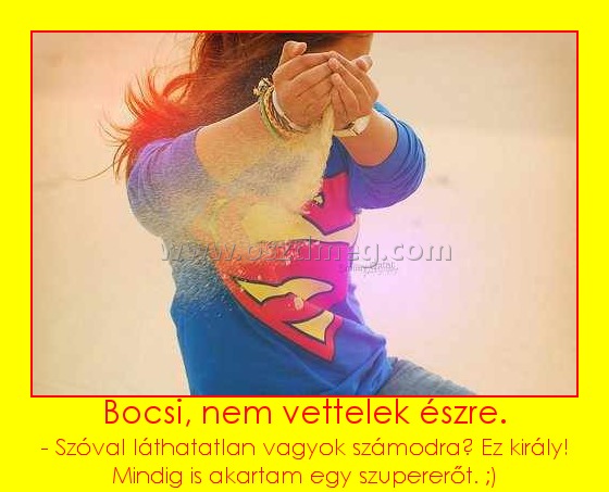 Bocsi, nem vettelek észre. Bocsi, nem vettelek észre.
- Szóval láthatatlan vagyok számodra? Ez király! Mindig is akartam egy szupererőt. ;)