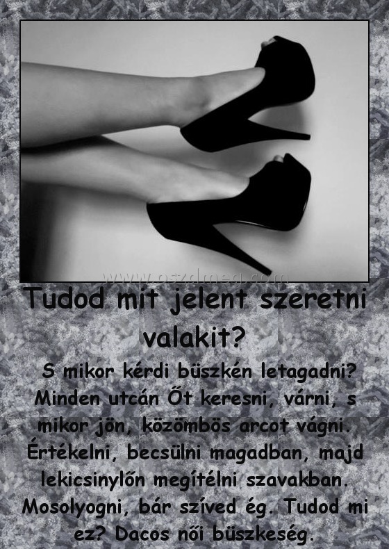 Tudod mit jelent szeretni valakit? Tudod mit jelent szeretni valakit?
S mikor kérdi büszkén letagadni? Minden utcán Őt keresni, várni, s mikor jön, közömbös arcot vágni. Értékelni, becsülni magadban, majd lekicsinylőn megítélni szavakban. Mosolyogni, bár szíved ég. Tudod mi ez? Dacos női büszkeség.