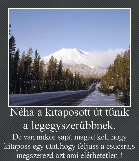 Néha a kitaposott út tűnik a legegyszerűbbnek. Néha a kitaposott út tűnik a legegyszerűbbnek.
De van mikor saját magad kell hogy kitaposs egy utat,hogy feljuss a csúcsra,s megszerezd azt ami elérhetetlen!!