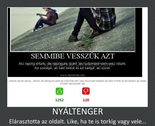 NYÁLTENGER NYÁLTENGER
Elárasztotta az oldalt. Like, ha te is torkig vagy vele...