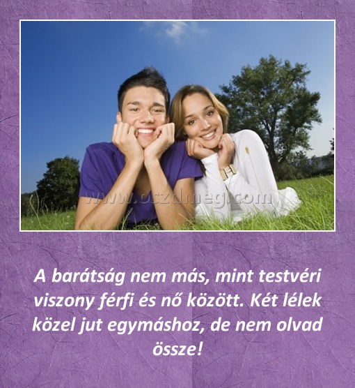 A barátság nem más A barátság nem más
A barátság nem más, mint testvéri viszony férfi és nő között. Két lélek közel jut egymáshoz, de nem olvad össze!