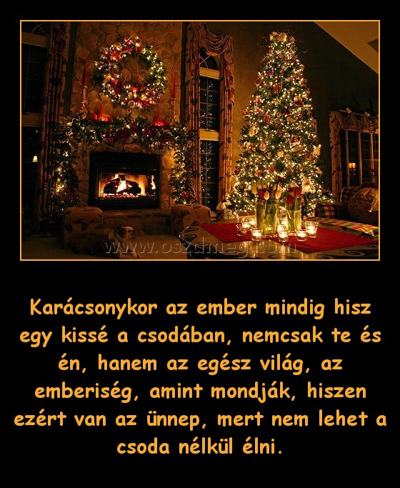 Karácsonykor Karácsonykor
Karácsonykor az ember mindig hisz egy kissé a csodában, nemcsak te és én, hanem az egész világ, az emberiség, amint mondják, hiszen ezért van az ünnep, mert nem lehet a csoda nélkül élni.
