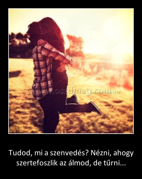 Tudod, mi a sz
00598a
envedés Tudod, mi a szenvedés
Tudod, mi a szenvedés? Nézni, ahogy szertefoszlik az álmod, de tűrni...