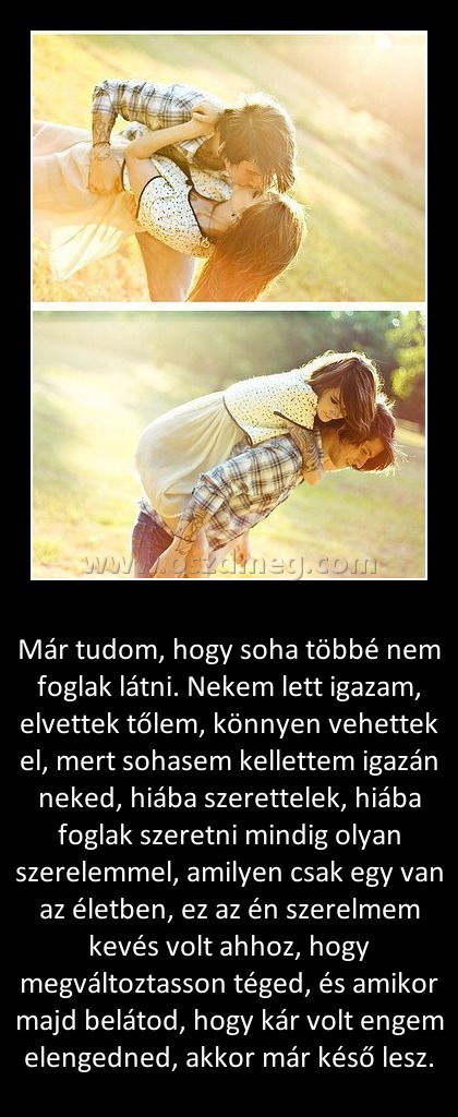Már tudom Már tudom
Már tudom, hogy soha többé nem foglak látni. Nekem lett igazam, elvettek tőlem, könnyen vehettek el, mert sohasem kellettem igazán neked, hiába szerettelek, hiába foglak szeretni mindig olyan szerelemmel, amilyen csak egy van az életben, ez az én szerelmem kevés volt ahhoz, hogy megváltoztasson téged, és amikor majd belátod, hogy kár volt engem elengedned, akkor már késő lesz.