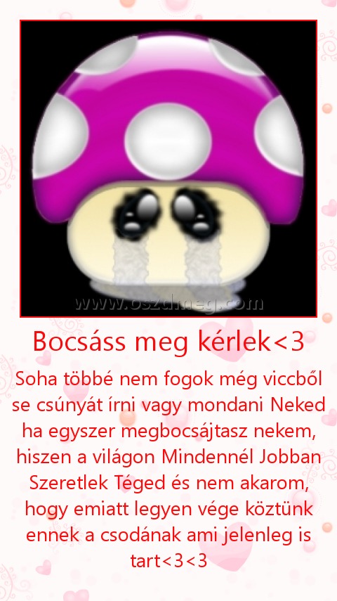 Bocsáss meg kérlek<3
 
Soha többé nem fogok még viccből se csúnyát írni vagy mondani Neked ha egyszer megbocsájtasz nekem, hiszen a világon Mindennél Jobban Szeretlek Téged és nem akarom, hogy emiatt legyen vége köztünk ennek a csodának ami jelenleg is tart<3<3