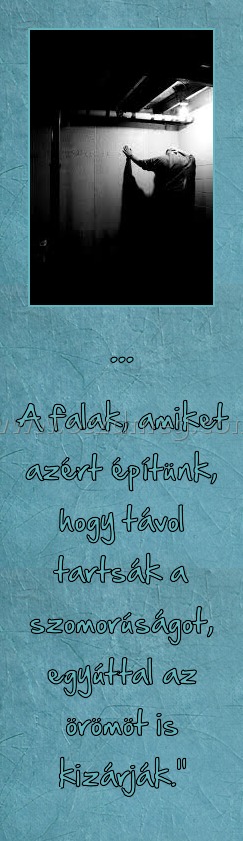 ...
 
A falak, amiket azért építünk, hogy távol tartsák a szomorúságot, egyúttal az örömöt is kizárják."