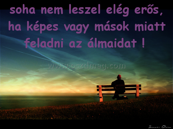 soha nem leszel elég erős
 
soha nem leszel elég erős, ha képes vagy mások miatt feladni az álmaidat ! 