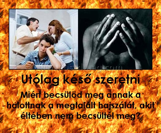 Utólag késő szeretni
 
Miért becsülöd meg annak a halottnak a megtalált hajszálát, akit éltében nem becsültél meg?