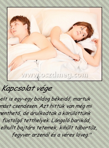 Kapcsolat vége
 
"Ha volt is egy-egy boldog békeidő, martuk egymást csendesen. Azt hittük van még mi menthető, de árulkodtak a körülöttünk füstölgő tetthelyek. Lángoló barikád, elhullt bajtárs tetemek, kihűlt tábortűz, fegyver arzenál és a véres löveg."