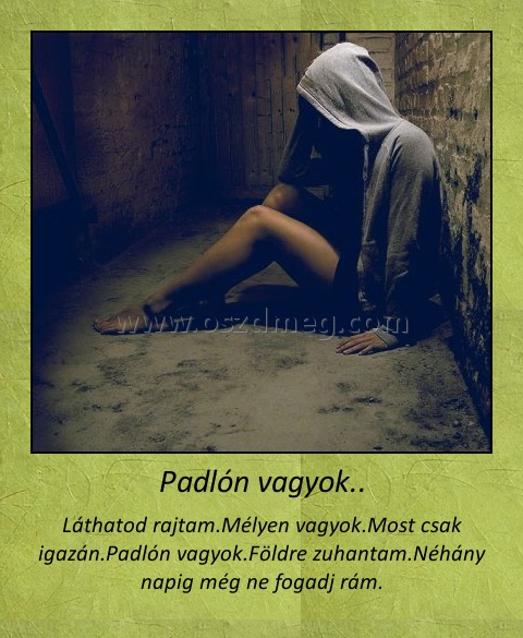 Padlón vagyok..
 
Láthatod rajtam.Mélyen vagyok.Most csak igazán.Padlón vagyok.Földre zuhantam.Néhány napig még ne fogadj rám.