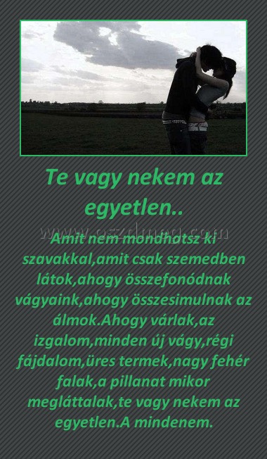 Te vagy nekem az egyetlen..
 
Amit nem mondhatsz ki szavakkal,amit csak szemedben látok,ahogy összefonódnak vágyaink,ahogy összesimulnak az álmok.Ahogy várlak,az izgalom,minden új vágy,régi fájdalom,üres termek,nagy fehér falak,a pillanat mikor megláttalak,te vagy nekem az egyetlen.A mindenem.