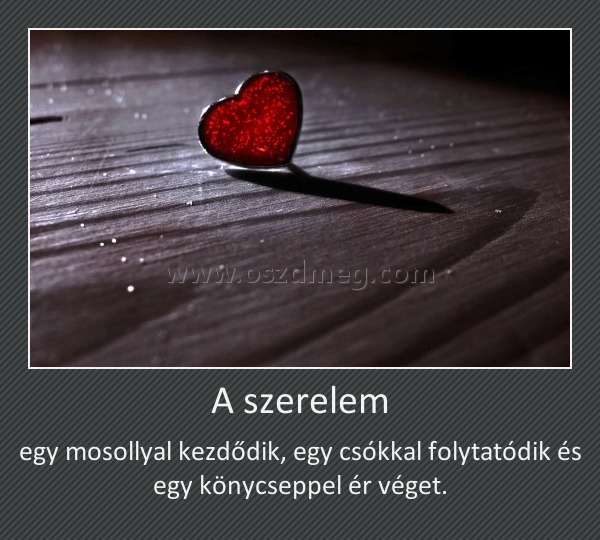 A szerelem A szerelem
egy mosollyal kezdődik, egy csókkal folytatódik és egy könycseppel ér véget.