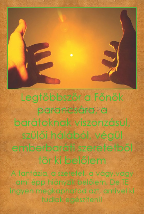 Legtöbbször a Főnök parancsára, a barátoknak viszonzásul, szülői hálából, végül emberbaráti szeretetből tör ki belőlem Legtöbbször a Főnök parancsára, a barátoknak viszonzásul, szülői hálából, végül emberbaráti szeretetből tör ki belőlem
A fantázia, a szeretet, a vágy,vagy ami épp hiányzik belőlem. De TE ingyen megkaphatod azt, amivel ki tudlak egészíteni!