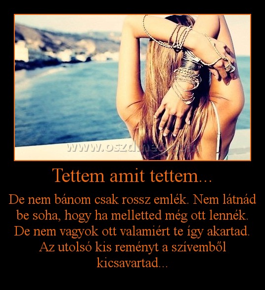 Tettem amit tettem... Tettem amit tettem...
De nem bánom csak rossz emlék. Nem látnád be soha, hogy ha melletted még ott lennék. De nem vagyok ott valamiért te így akartad. Az utolsó kis reményt a szívemből kicsavartad...