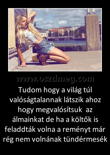 Tudom hogy a világ túl valóságtalannak látszik ahoz hogy megvalósítsuk az álmainkat de ha a költők is feladdták volna a reményt már rég nem volnának tündérmesék Tudom hogy a világ túl valóságtalannak látszik ahoz hogy megvalósítsuk az álmainkat de ha a költők is feladdták volna a reményt már rég nem volnának tündérmesék