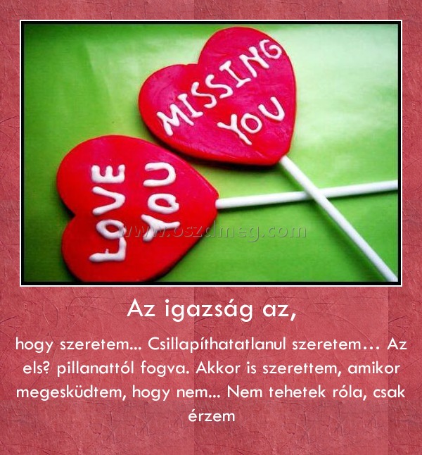 Az igazság az,
 
hogy szeretem... Csillapíthatatlanul szeretem… Az első pillanattól fogva. Akkor is szerettem, amikor megesküdtem, hogy nem... Nem tehetek róla, csak érzem