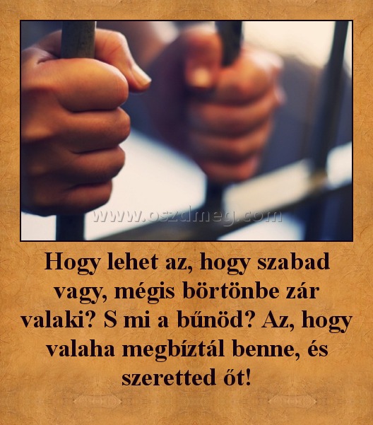 Hogy lehet az, hogy szabad vagy, mégis börtönbe zár valaki? S mi a bűnöd? Az, hogy valaha megbíztál benne, és szeretted őt! Hogy lehet az, hogy szabad vagy, mégis börtönbe zár valaki? S mi a bűnöd? Az, hogy valaha megbíztál benne, és szeretted őt!