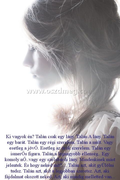 Ki vagyok én? Talán Ki vagyok én? Talán
Ki vagyok én? Talán csak egy lány. Talán A lány. Talán egy barát. Talán egy régi szerelem. Talán a múlt. Vagy esetleg a jövŐ. Esetleg az örök szerelem. Talán egy ismerŐs figura. Talán a legnagyobb ellenség.. Egy komoly nŐ..vagy egy szeleburdi lány. Mindenkinek mást jelentek. És hogy neked mit?.... Talán azt, akit gyŰlölni tudsz. Talán azt, akit a legjobban szeretsz. Azt, aki fájdalmat okozott neked. Azt, aki mindig melletted van...