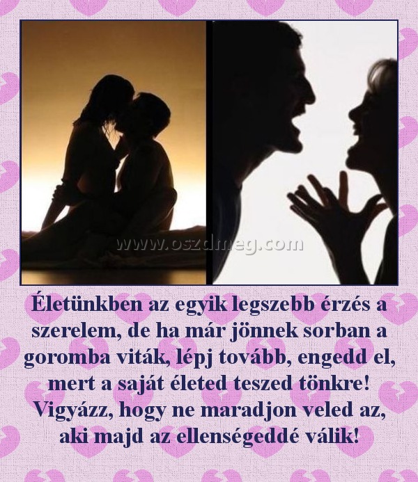 Életünkben az egyik legszebb érzés a szerelem, de ha már jönnek sorban a goromba viták, lépj tovább, engedd el, mert a saját életed teszed tönkre! Vigyázz, hogy ne maradjon veled az, aki majd az ellenségeddé válik!
 
