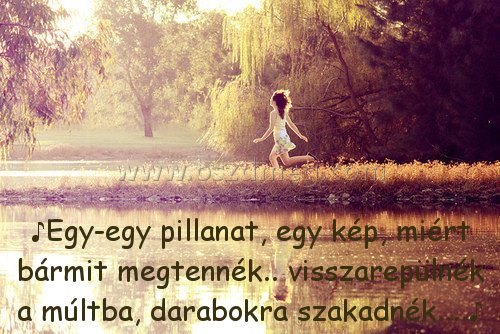 ♪Egy-egy pillanat
 
♪Egy-egy pillanat, egy kép, miért bármit megtennék.. visszarepülnék a múltba, darabokra szakadnék....♪