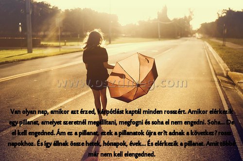 Van olyan nap
 
Van olyan nap, amikor azt érzed, kárpótlást kaptál minden rosszért. Amikor elérkezik egy pillanat, amelyet szeretnél megállítani, megfogni és soha el nem engedni. Soha... De el kell engedned. Ám ez a pillanat, ezek a pillanatok újra erőt adnak a következő rossz napokhoz. És így állnak össze hetek, hónapok, évek... És elérkezik a pillanat. Amit többé már nem kell elengedned.